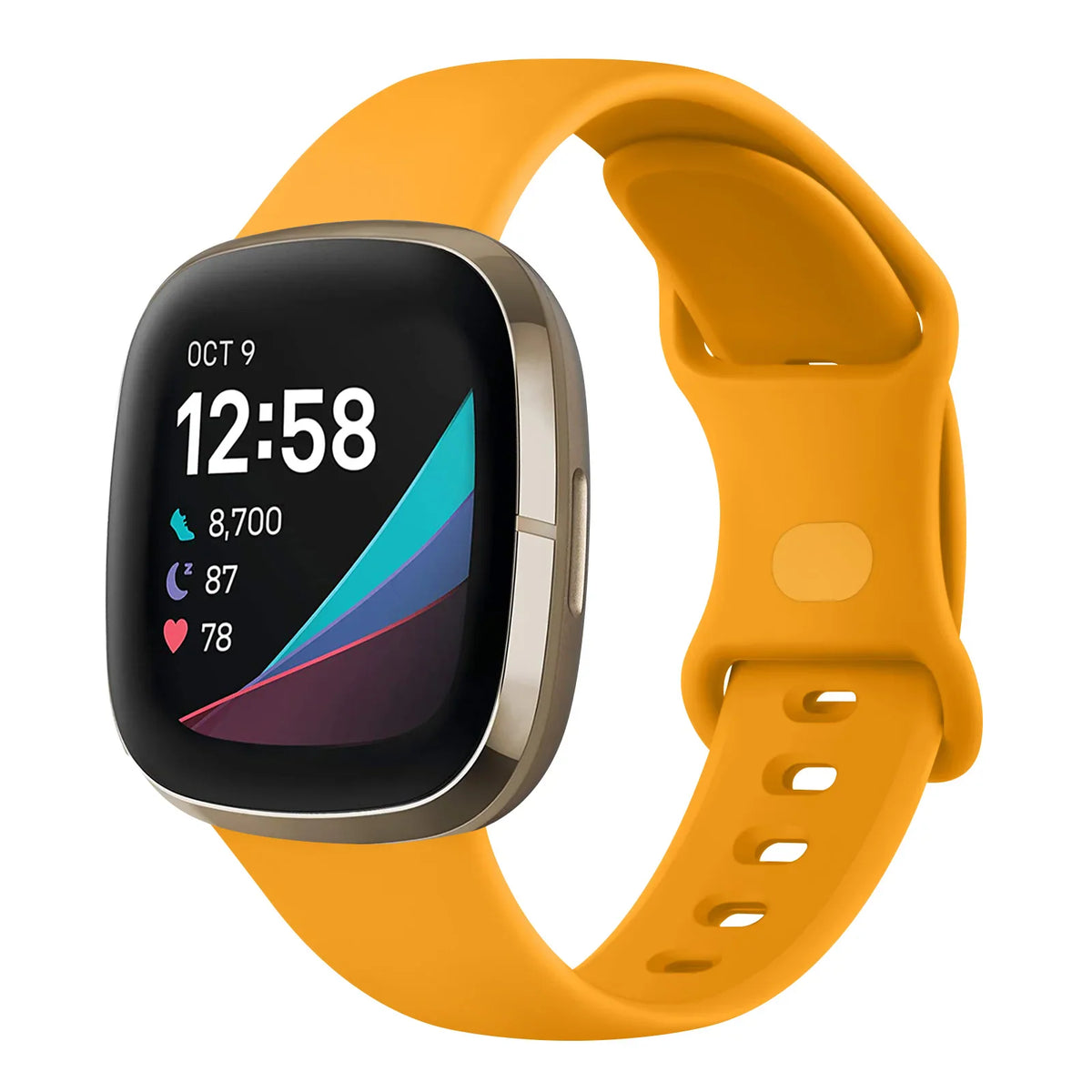 A yellow silicone replacement watch band for a smartwatch.