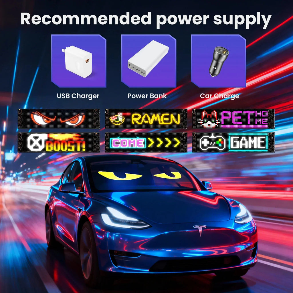 Flexible LED screen displayed inside a car, showing various custom icons and text options with power accessories