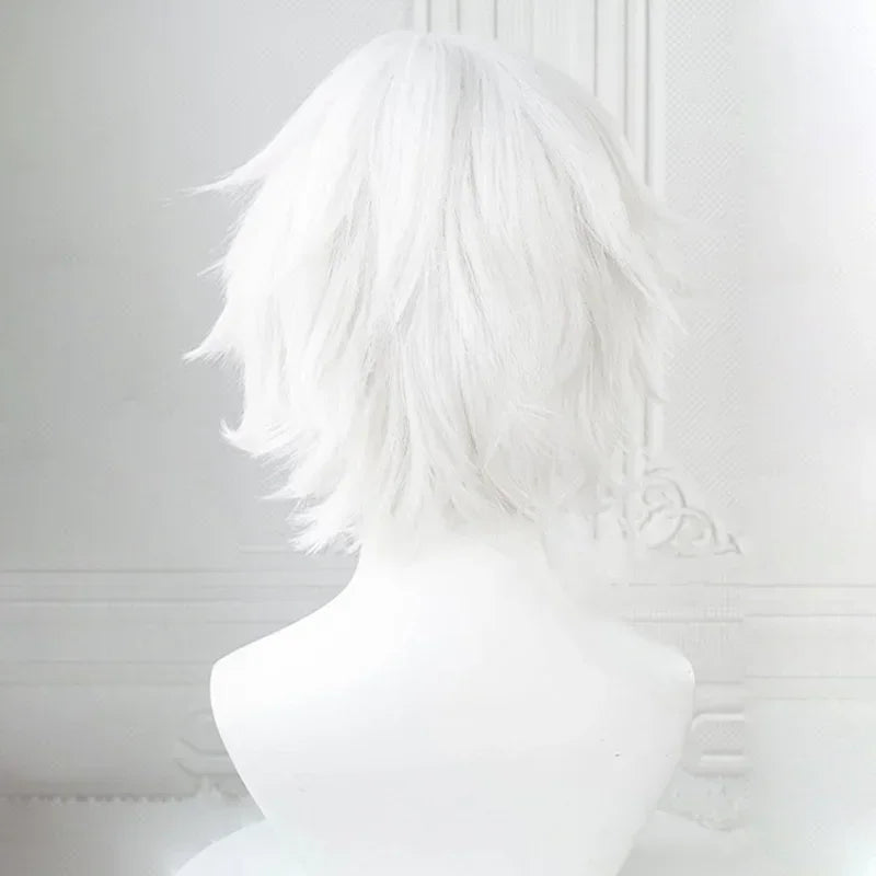 Back view of a short white fluffy anime-style cosplay wig on a white mannequin head