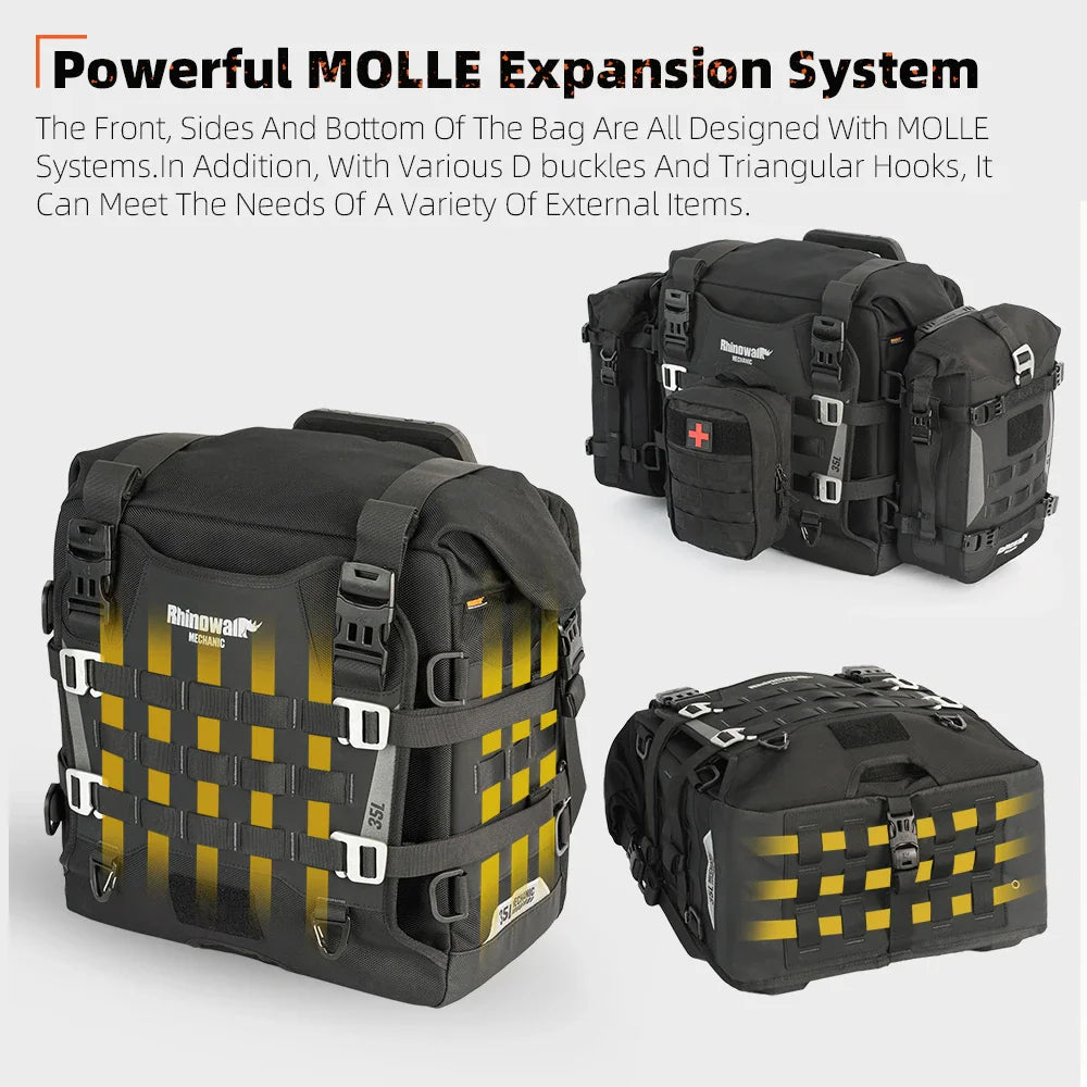 Black motorcycle side bag demonstrating MOLLE expansion system and attachment points