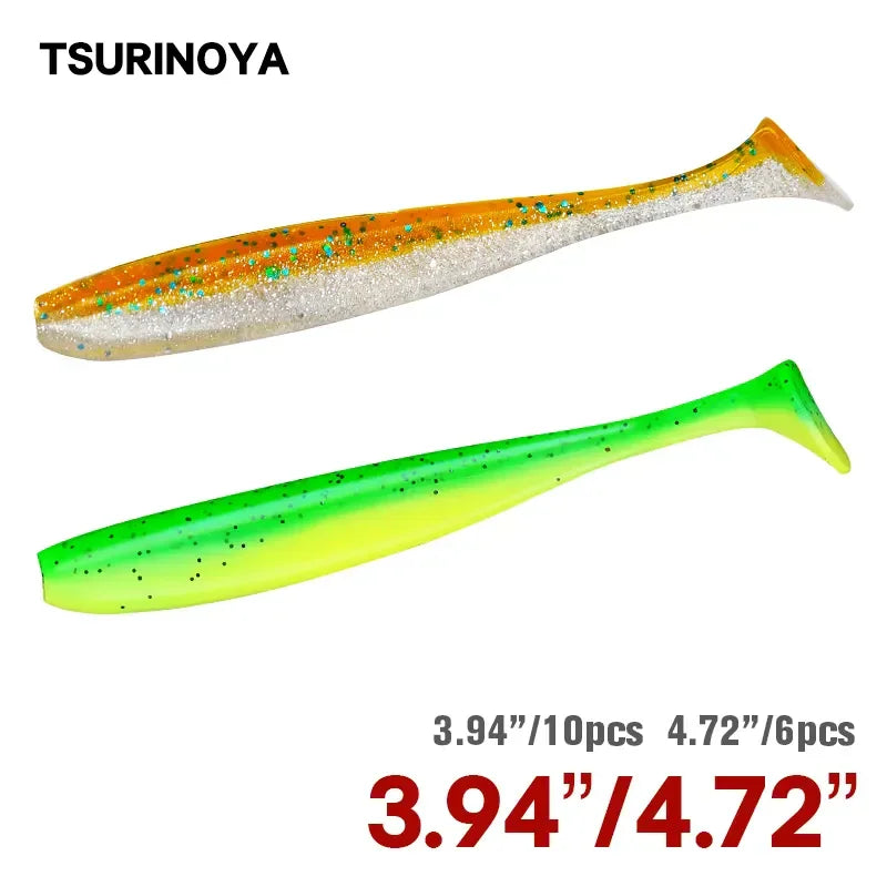Two T-tail soft plastic fishing lures in orange-silver and bright green