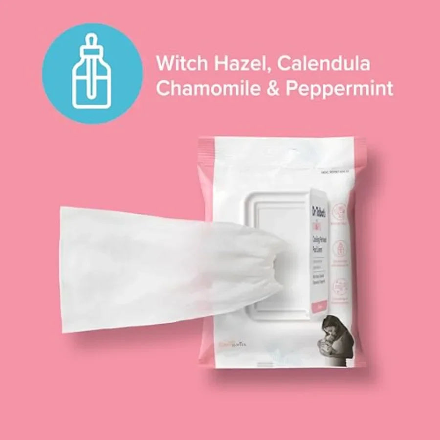 A pack of cooling perineal pad liners next to a drawn herbal icon with text about the ingredients.