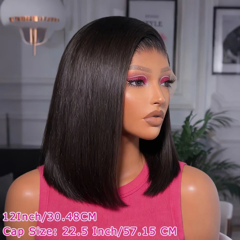 Side profile of a straight black bob lace frontal wig on a mannequin with product sizing information.