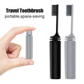 A black and a grey foldable travel toothbrush with a hand showing the size when closed