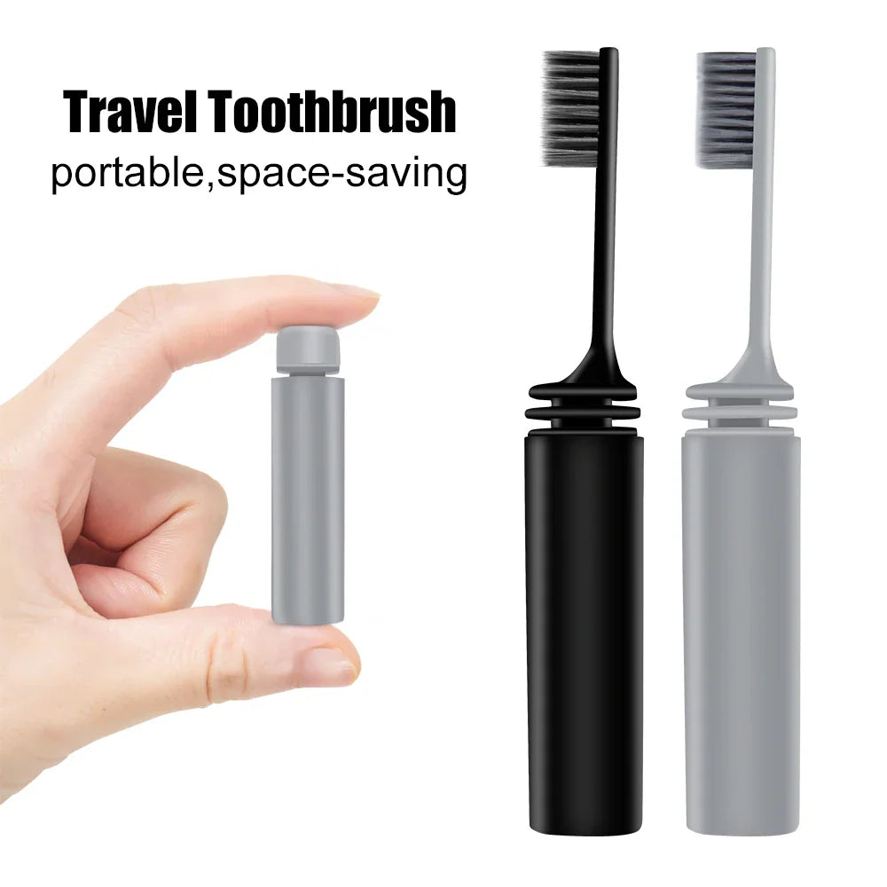 A black and a grey foldable travel toothbrush with a hand showing the size when closed