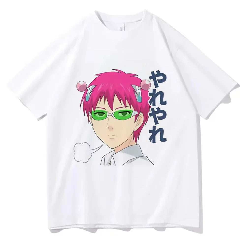 White short-sleeved t-shirt with a graphic print of an anime character with pink hair and green glasses.