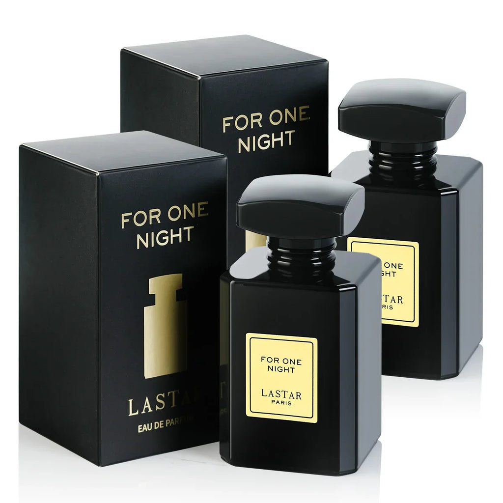 Two black perfume bottles with matching black boxes on a white background.