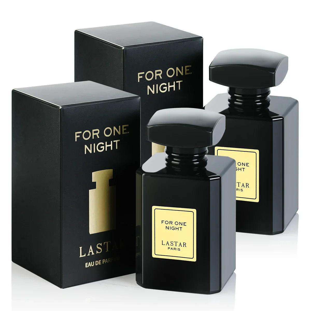Two black perfume bottles with matching black boxes on a white background.