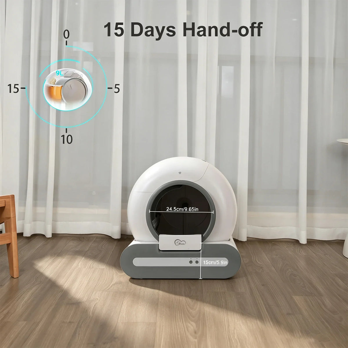 Smart cat litter box dimensions and 15-day waste storage capacity visualization