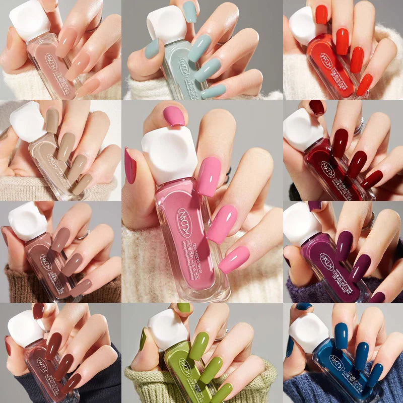 A collage showing different hands painted with various shades of peel-off nail polish.