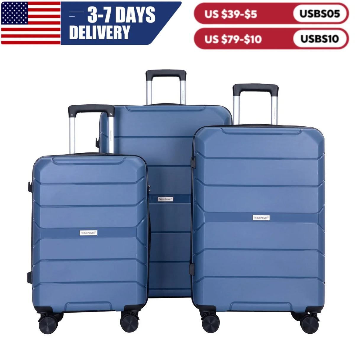 A set of three blue hardshell suitcases with spinner wheels.