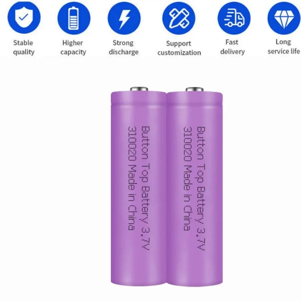 Two purple rechargeable button top batteries with icons highlighting product features like capacity and delivery.