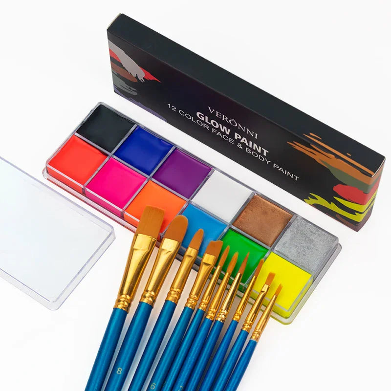 A 12-color glow-in-the-dark face and body paint palette with a set of makeup brushes