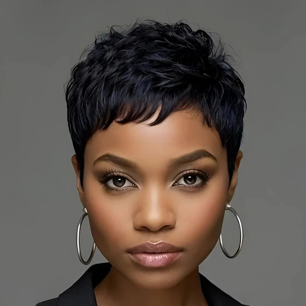 A short, black, pixie cut curly human hair wig on a mannequin.