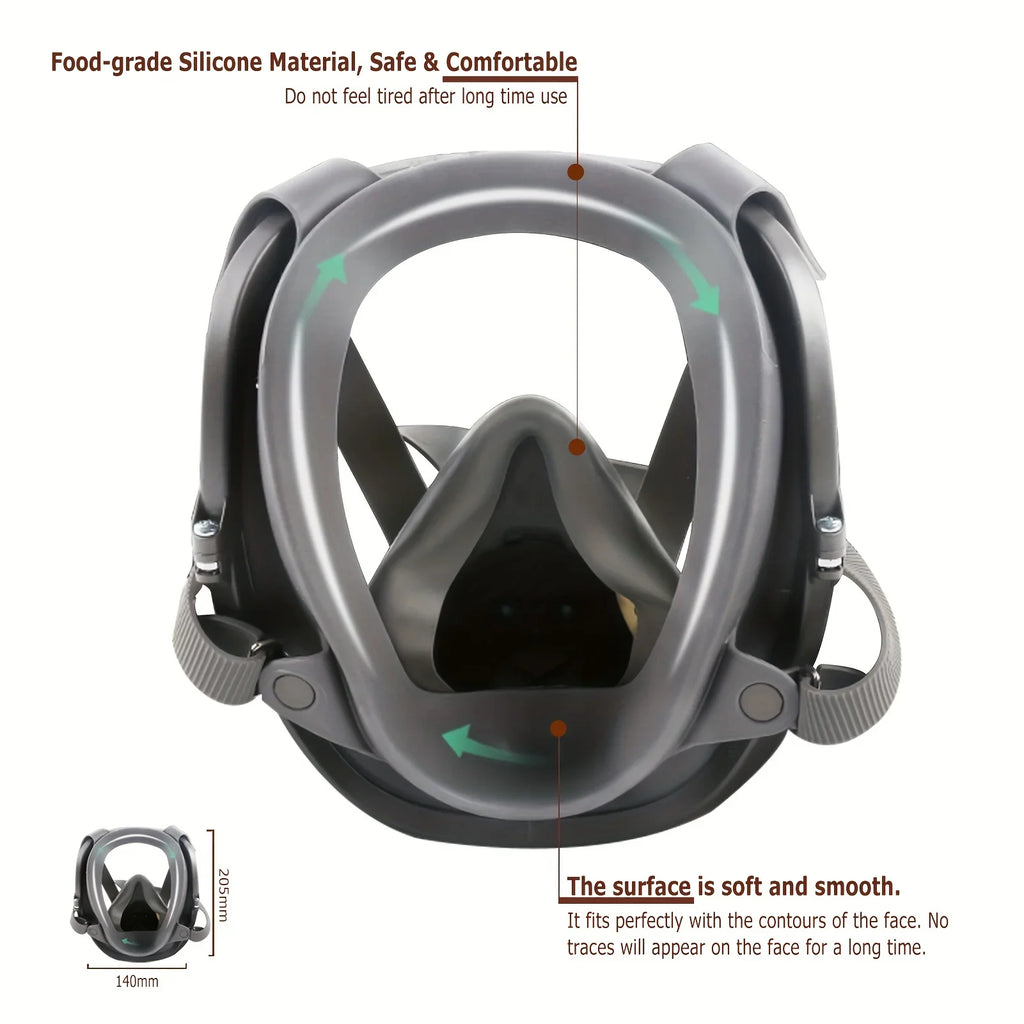 Inner view of a full face respirator mask highlighting silicone material and dimensions.