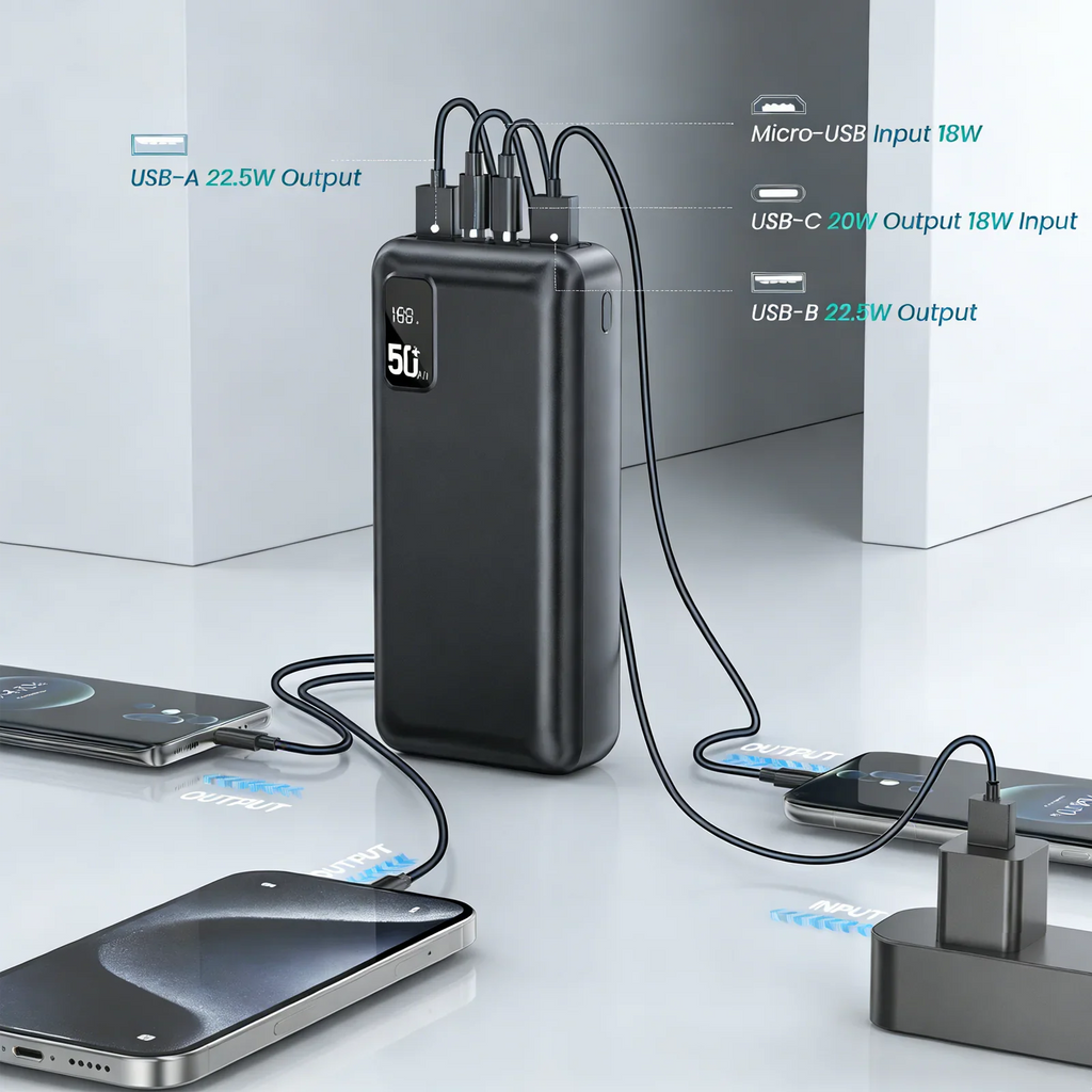 Power bank with labels for various charging ports and output wattages