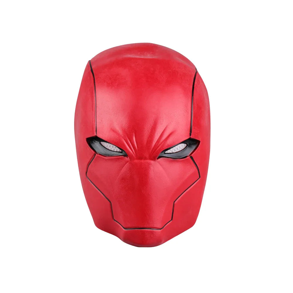 Front view of a red cosplay helmet mask