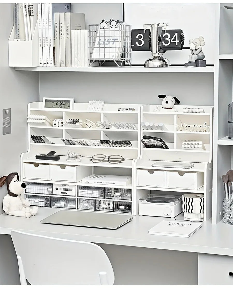 White desk organizer with multiple shelves and drawers for office supplies