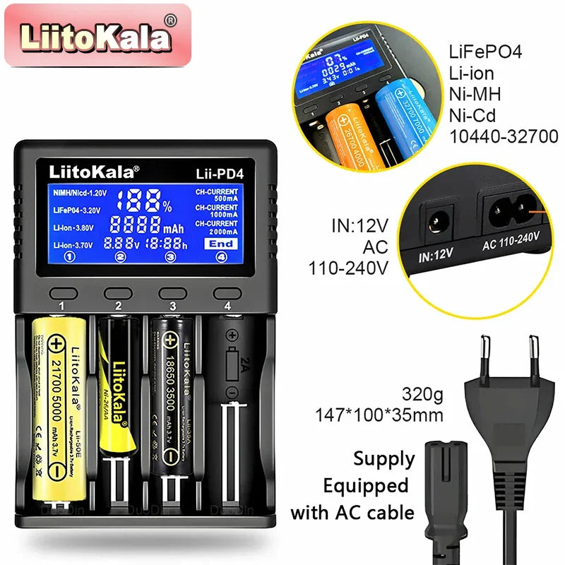 Four-slot smart battery charger with AC power cable and battery compatibility details