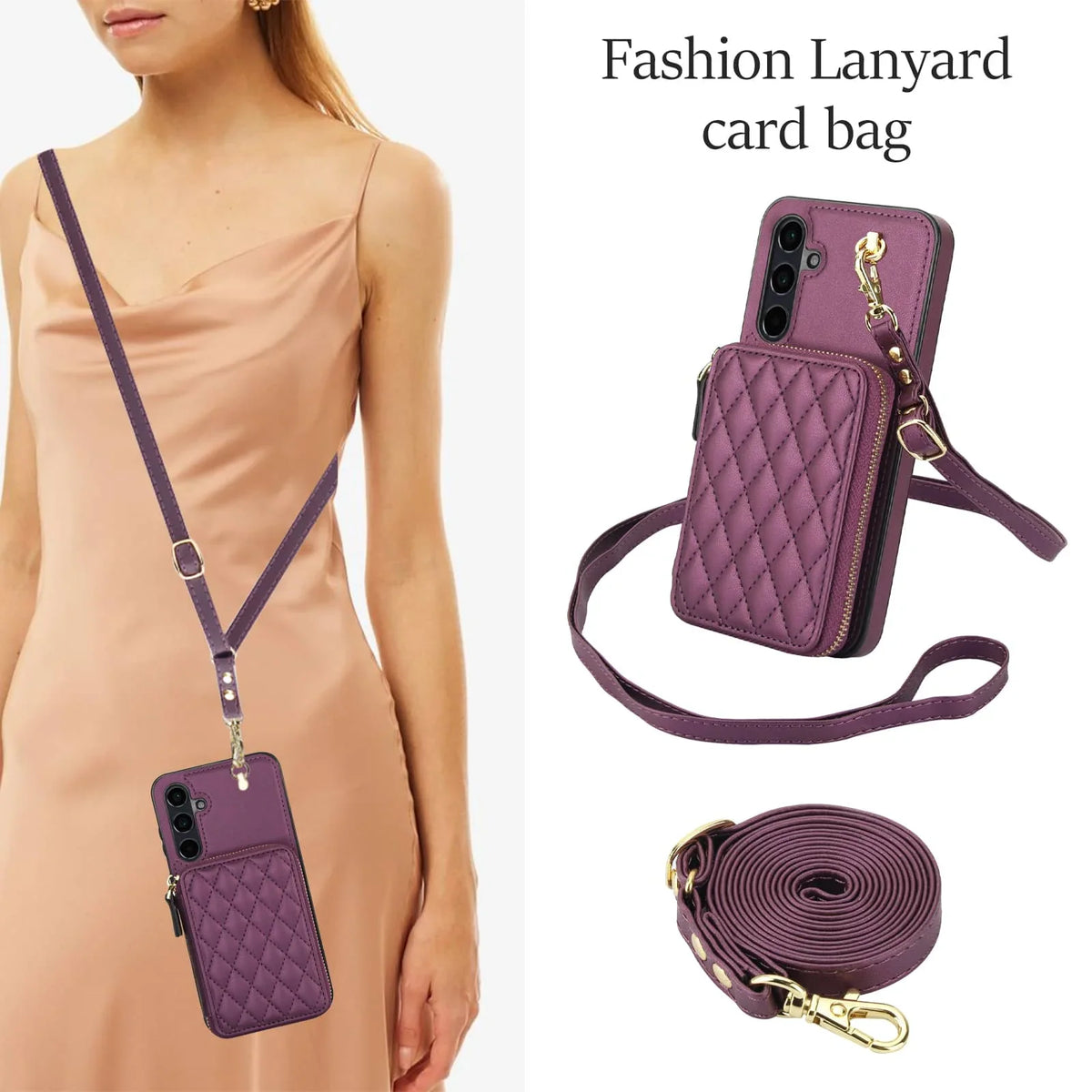 Purple quilted wallet phone case with long lanyard strap worn by a person
