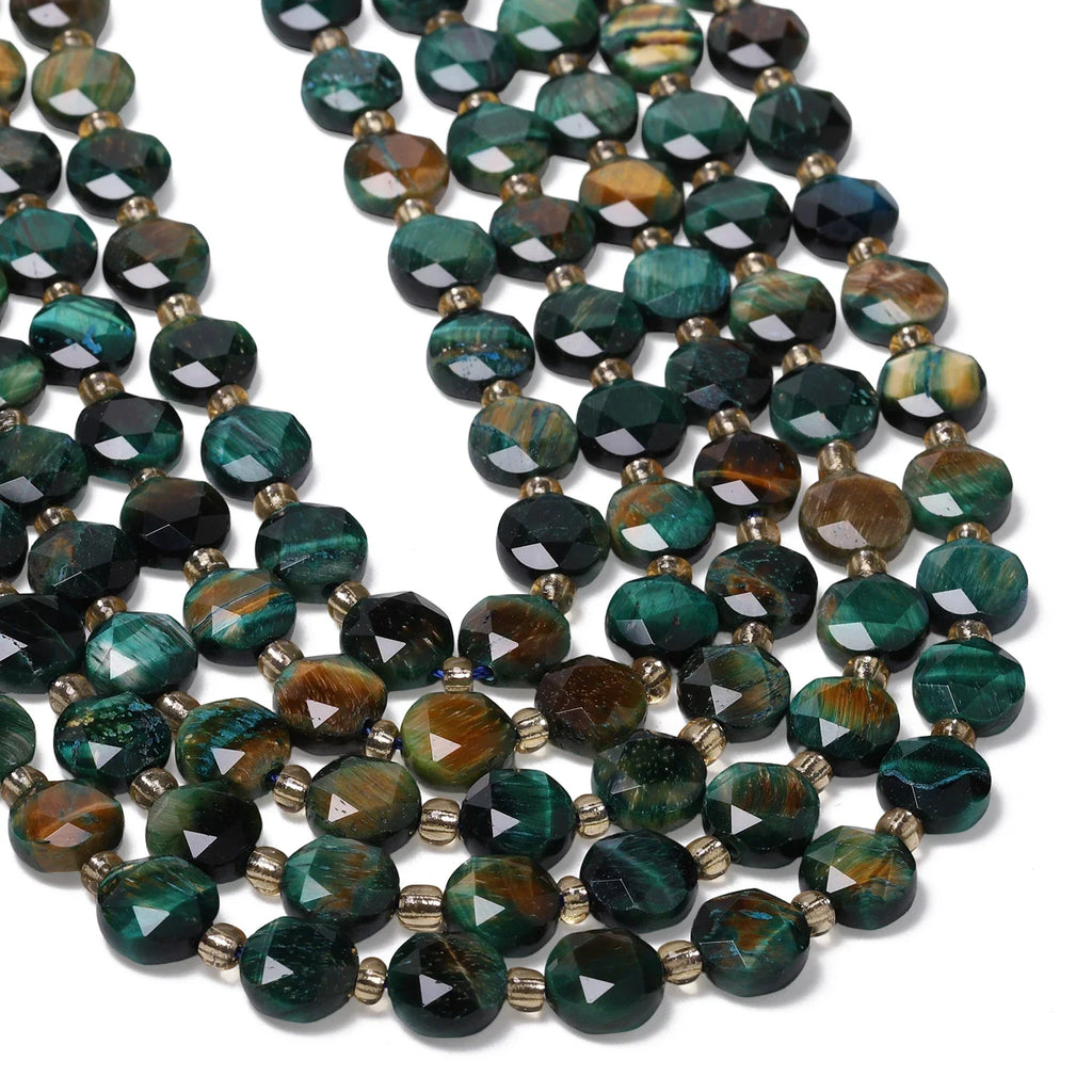 Green tiger eye natural stone faceted coin beads in strands