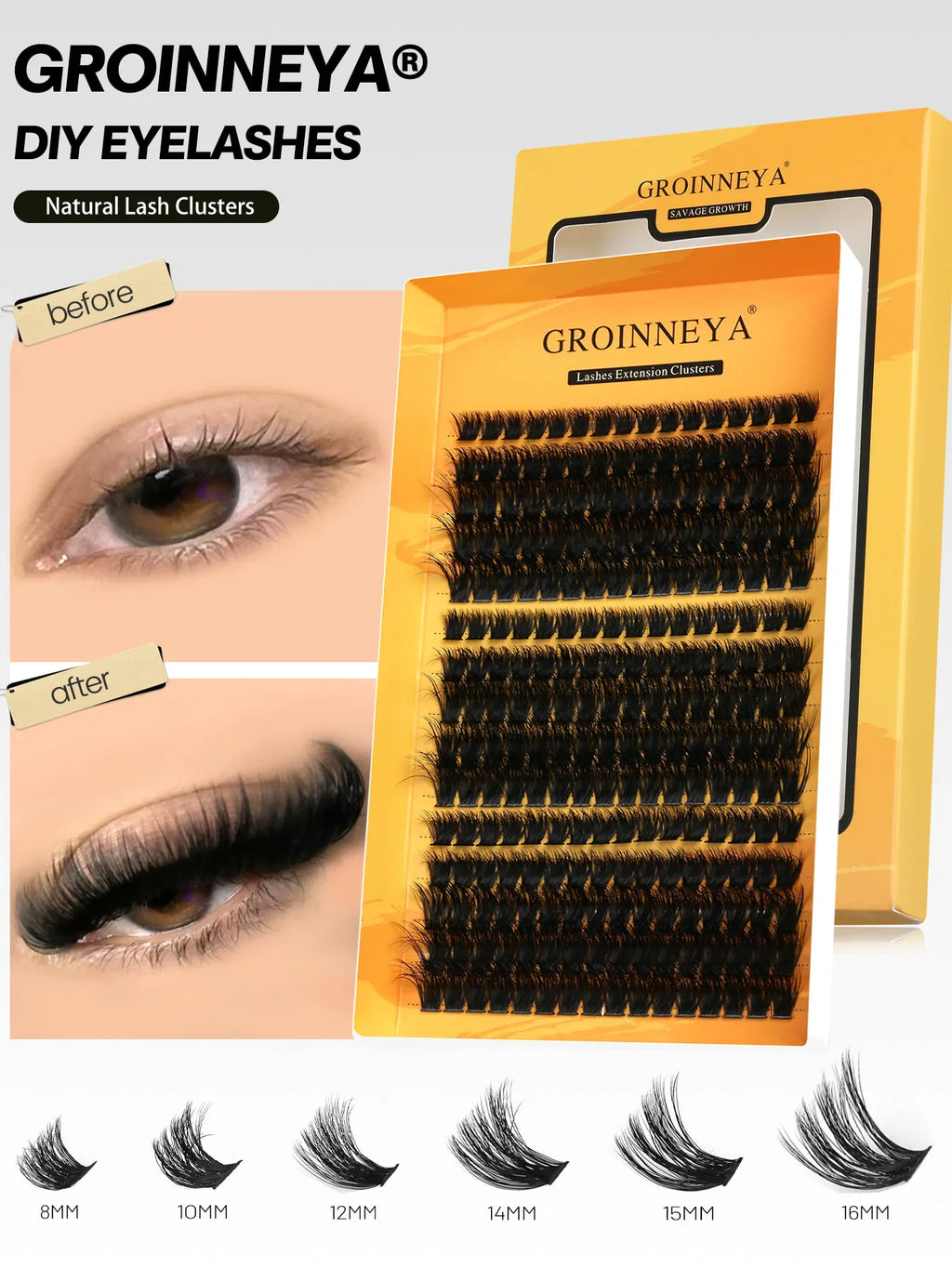Cluster eyelash extensions in various lengths in a packaging tray with before and after application examples.