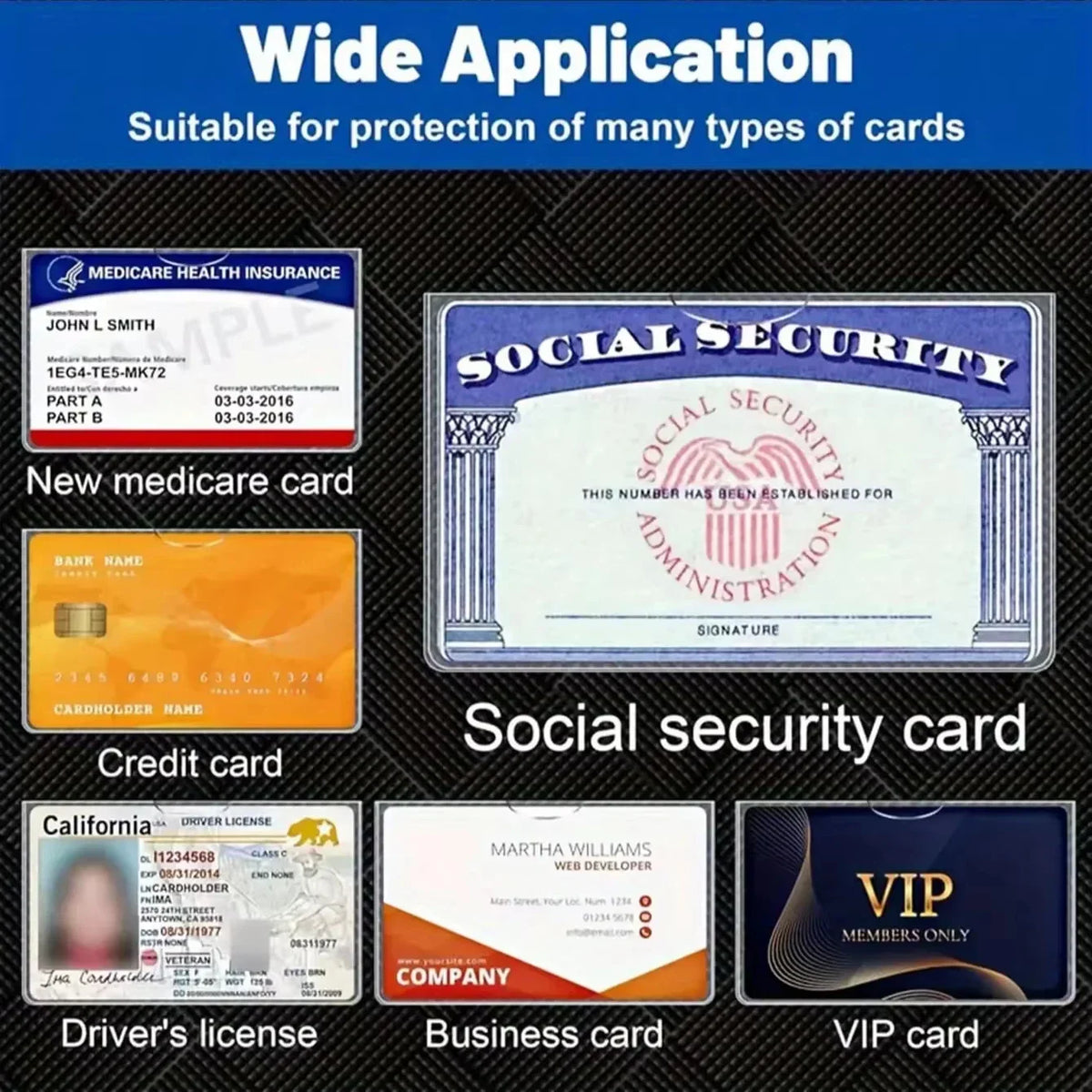 Various types of cards including social security and driver licenses inside protective sleeves
