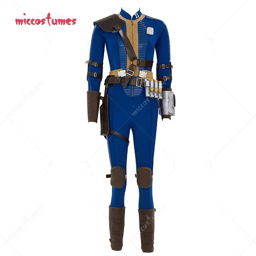 Front view of blue and yellow vault suit cosplay jumpsuit with brown armor on a mannequin