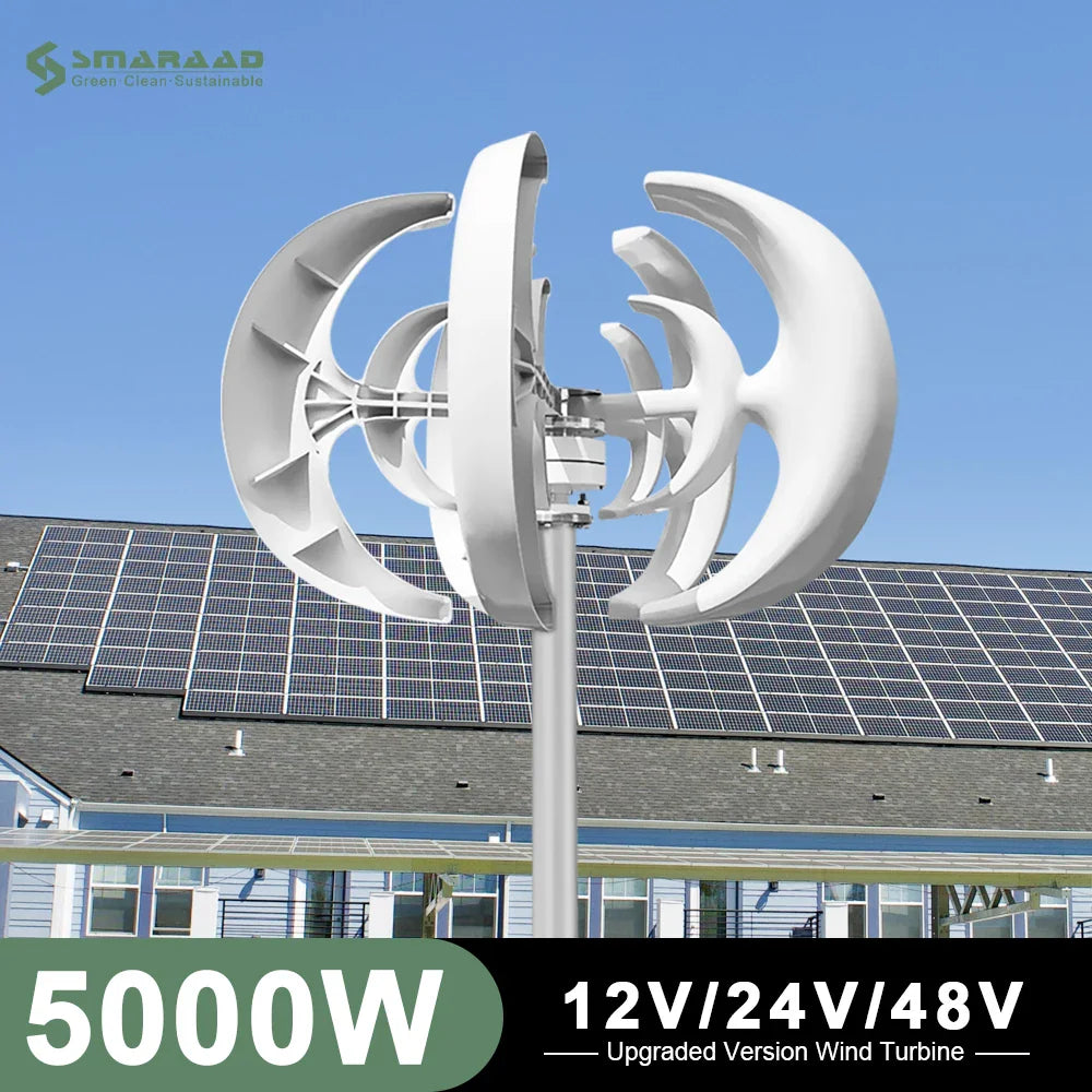 White vertical axis wind turbine installed on a roof with solar panels