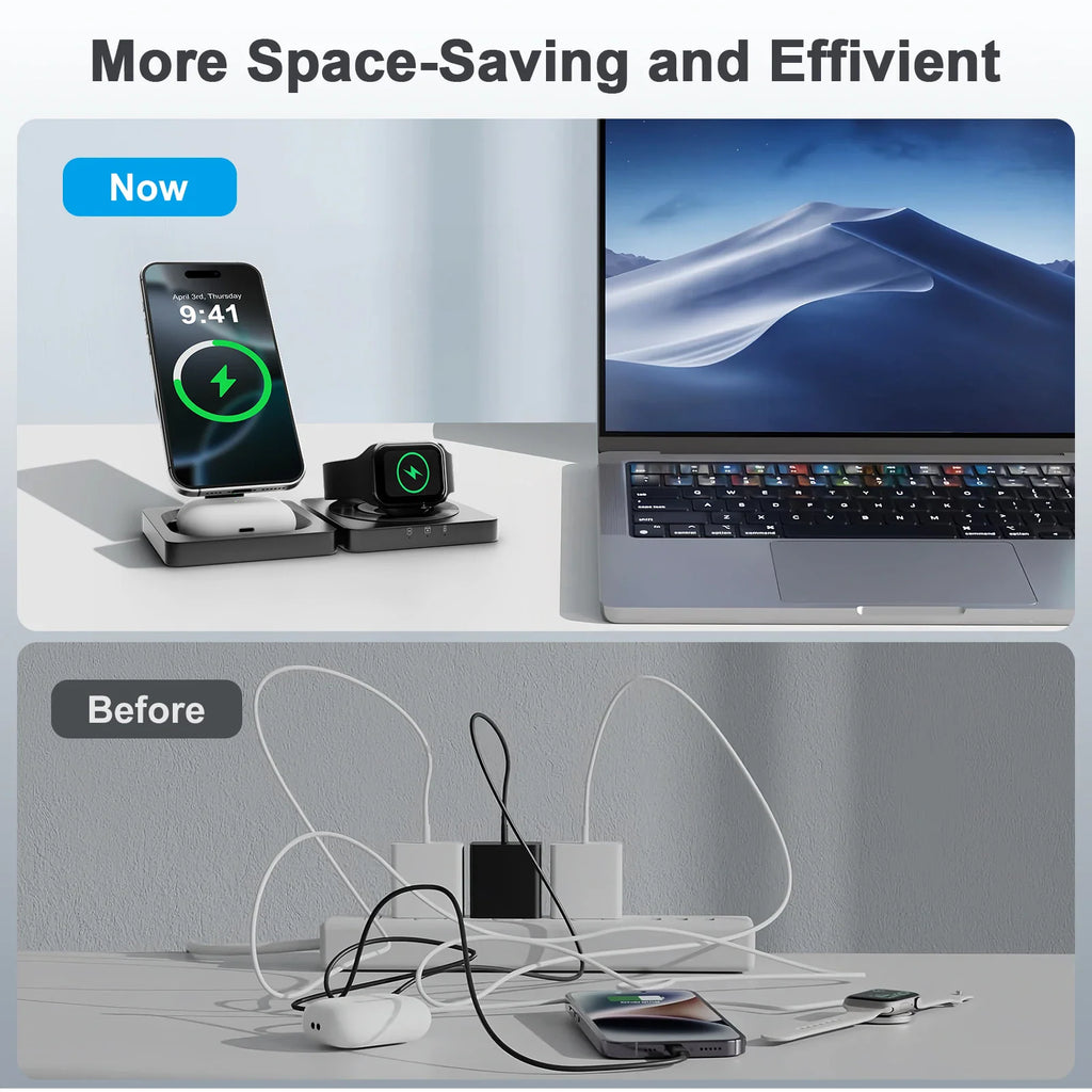 Comparison showing workspace organization with and without a 3-in-1 wireless charger