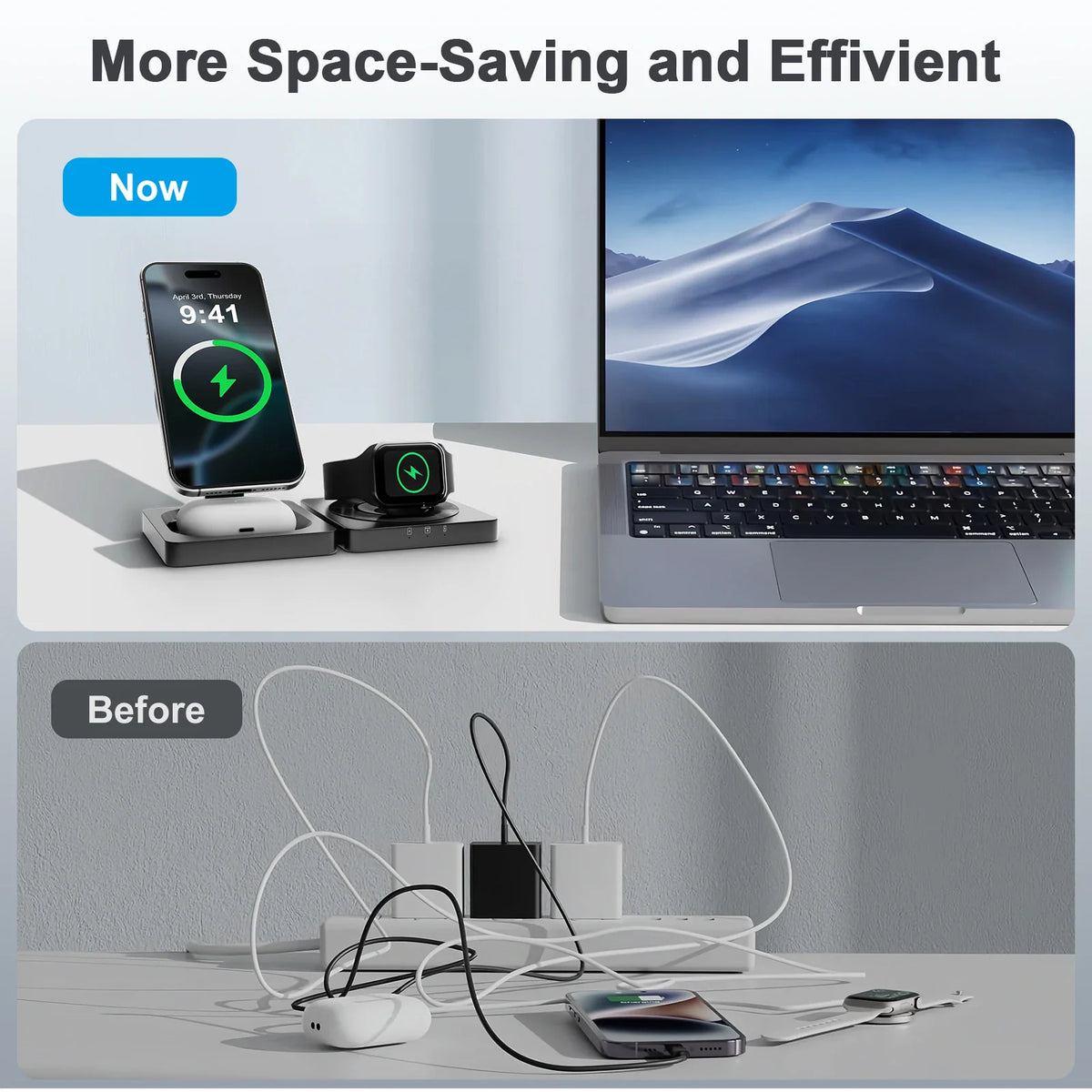 Comparison showing workspace organization with and without a 3-in-1 wireless charger