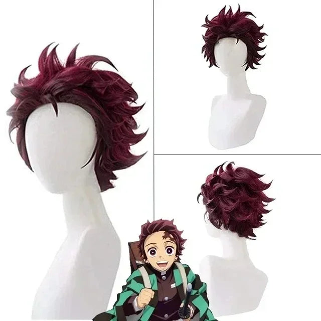 Burgundy anime cosplay wig on display mannequin head