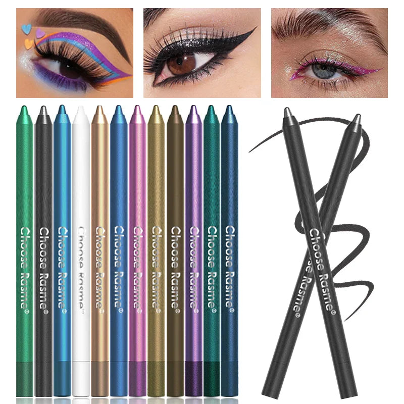 A collection of colorful glitter eyeliner pencils in various shades with eye makeup examples