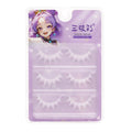 Three pairs of white false eyelashes in purple character-themed packaging