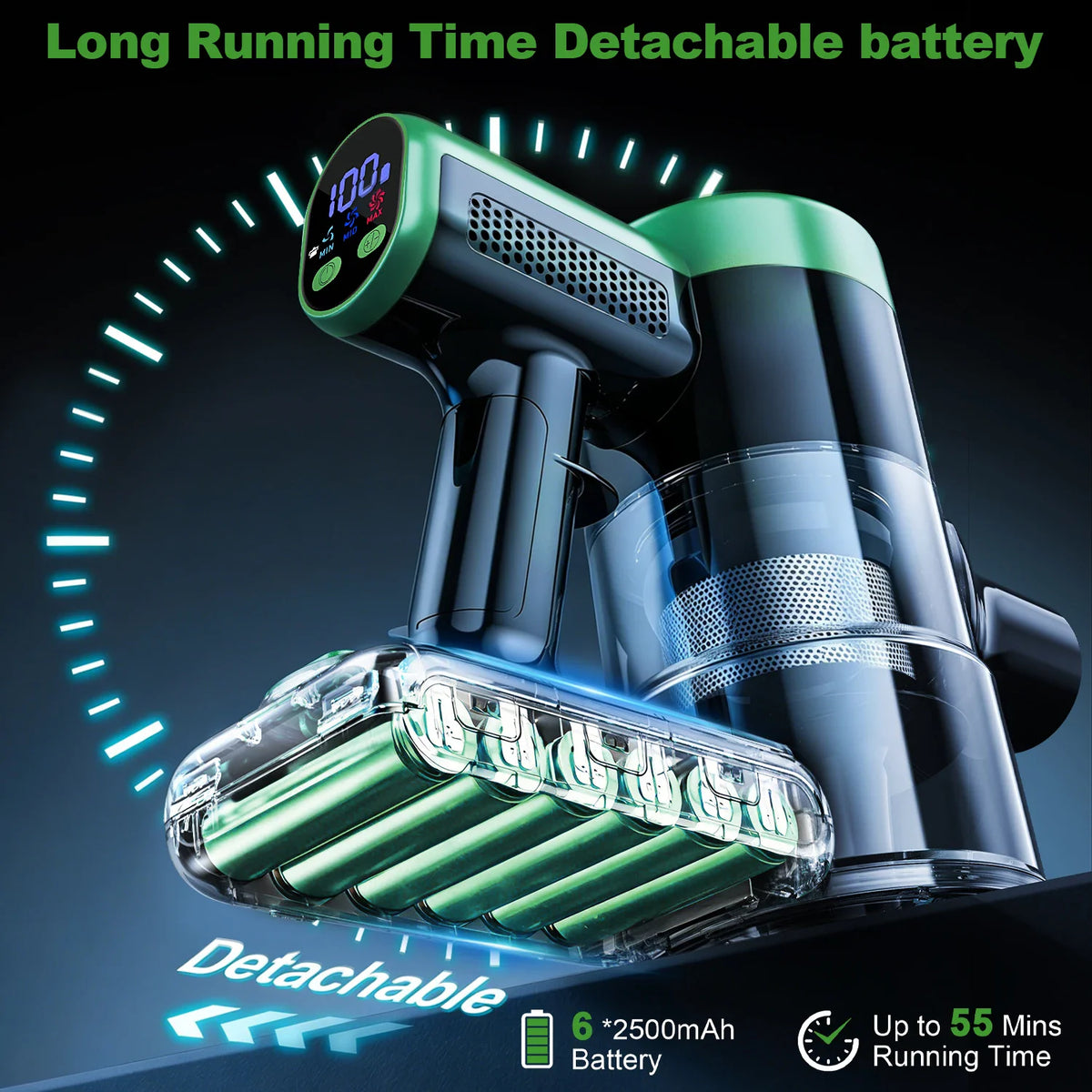 Close up of a detachable cordless vacuum cleaner battery pack with digital display showing run time.