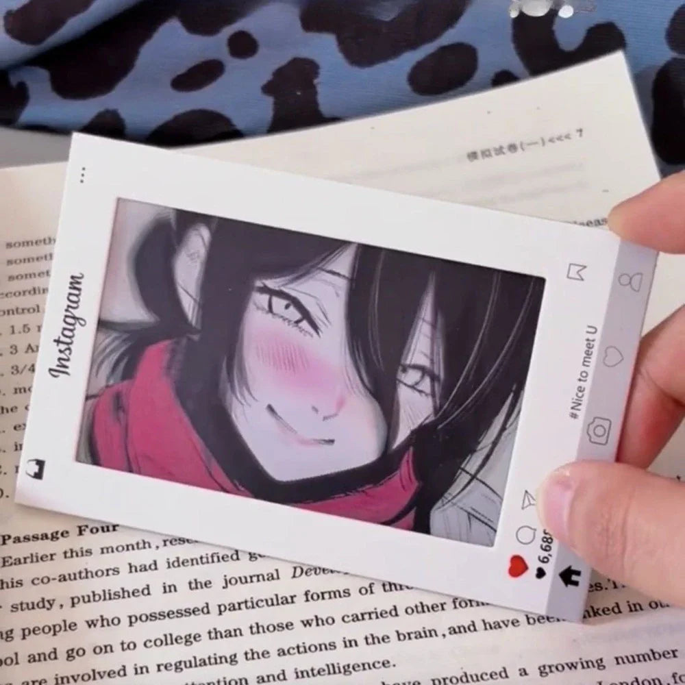 Transparent Instagram-style anime photo card of a blushing girl