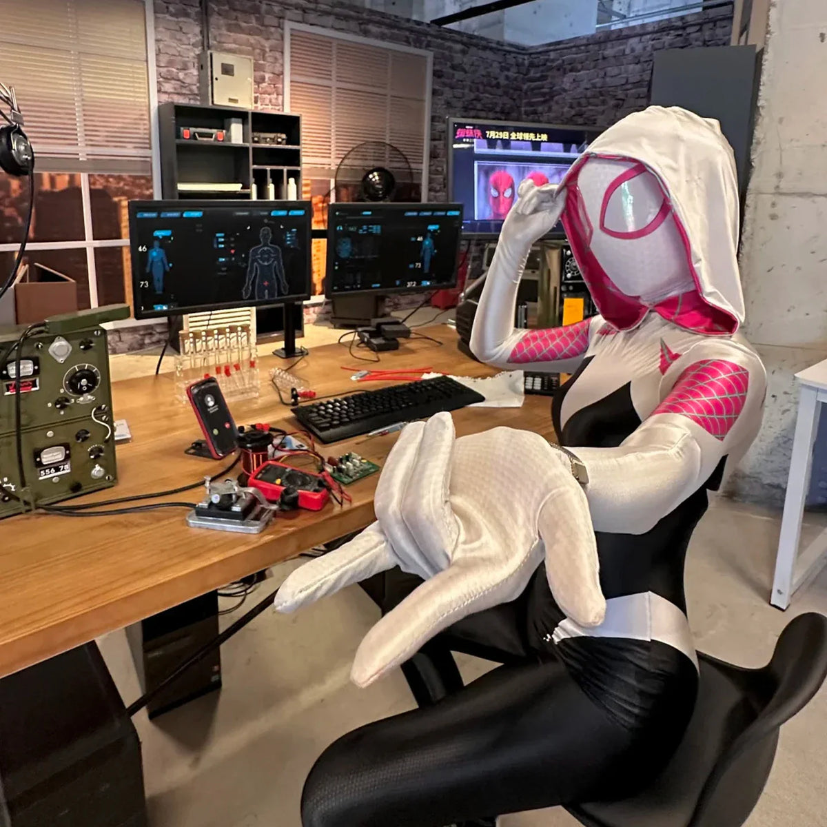 Person in a full superhero costume posing at a desk in a workshop setting.