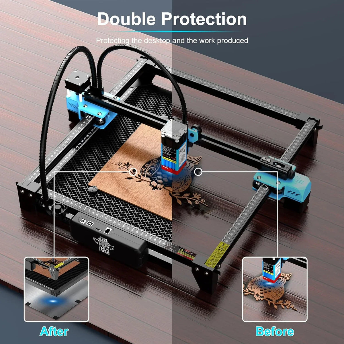 Laser engraving setup before and after using a protective honeycomb bed