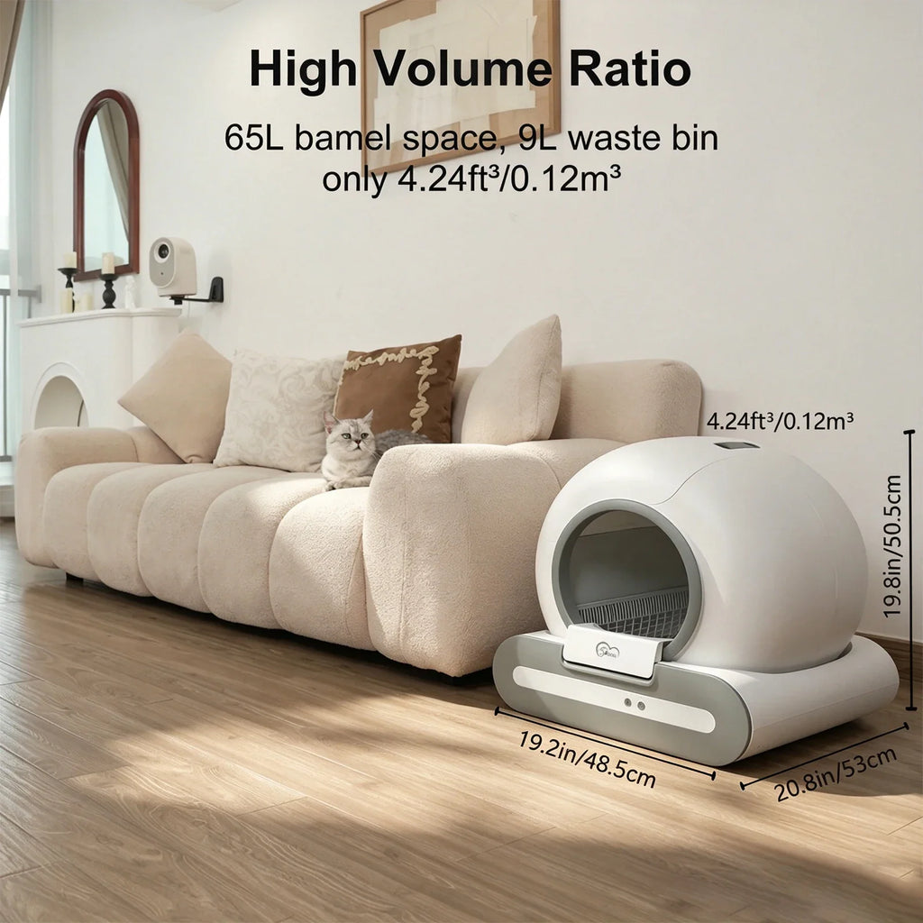 Smart cat litter box dimensions and volume capacity display in a modern home