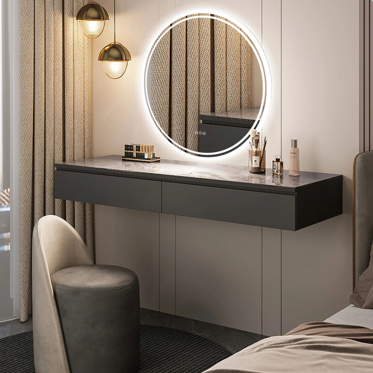 Round illuminated vanity mirror in a bedroom setting