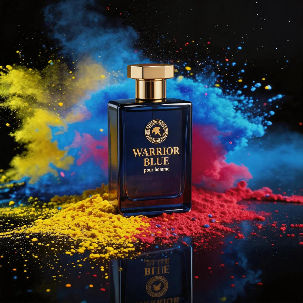 Blue glass perfume bottle surrounded by colorful powder bursts