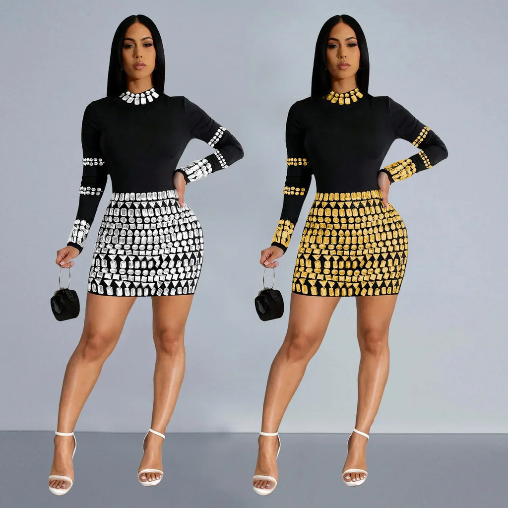 Black long-sleeve mini dresses decorated with silver and gold rhinestones on the collar, sleeves, and skirt.