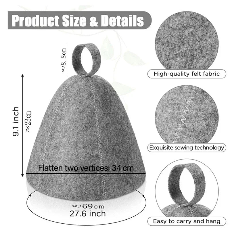 Grey felt sauna hat with size measurements and detailed views
