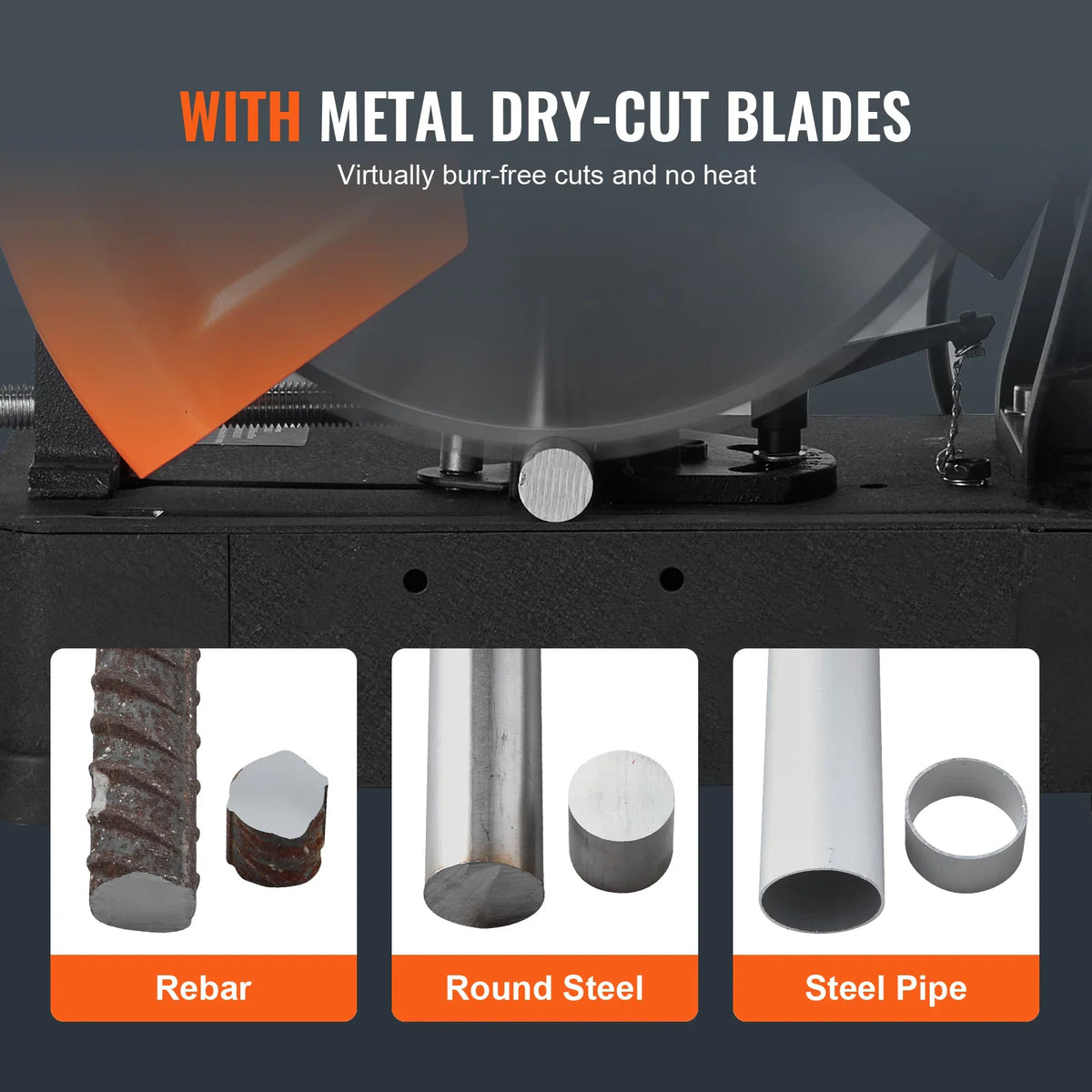 Chop saw with metal dry-cut blade and examples of cut materials including rebar, round steel and steel pipe