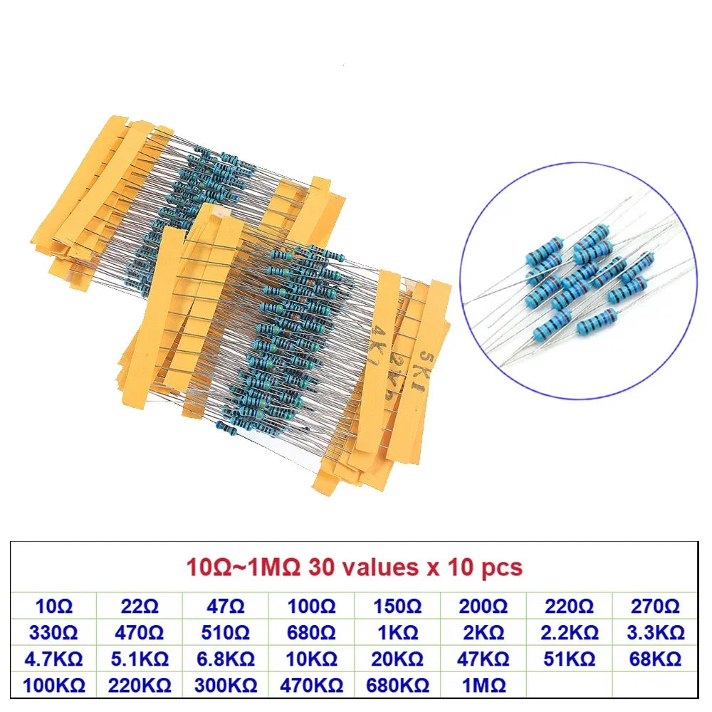 Multiple strips of metal film resistors and a zoomed-in view of blue resistors with color rings