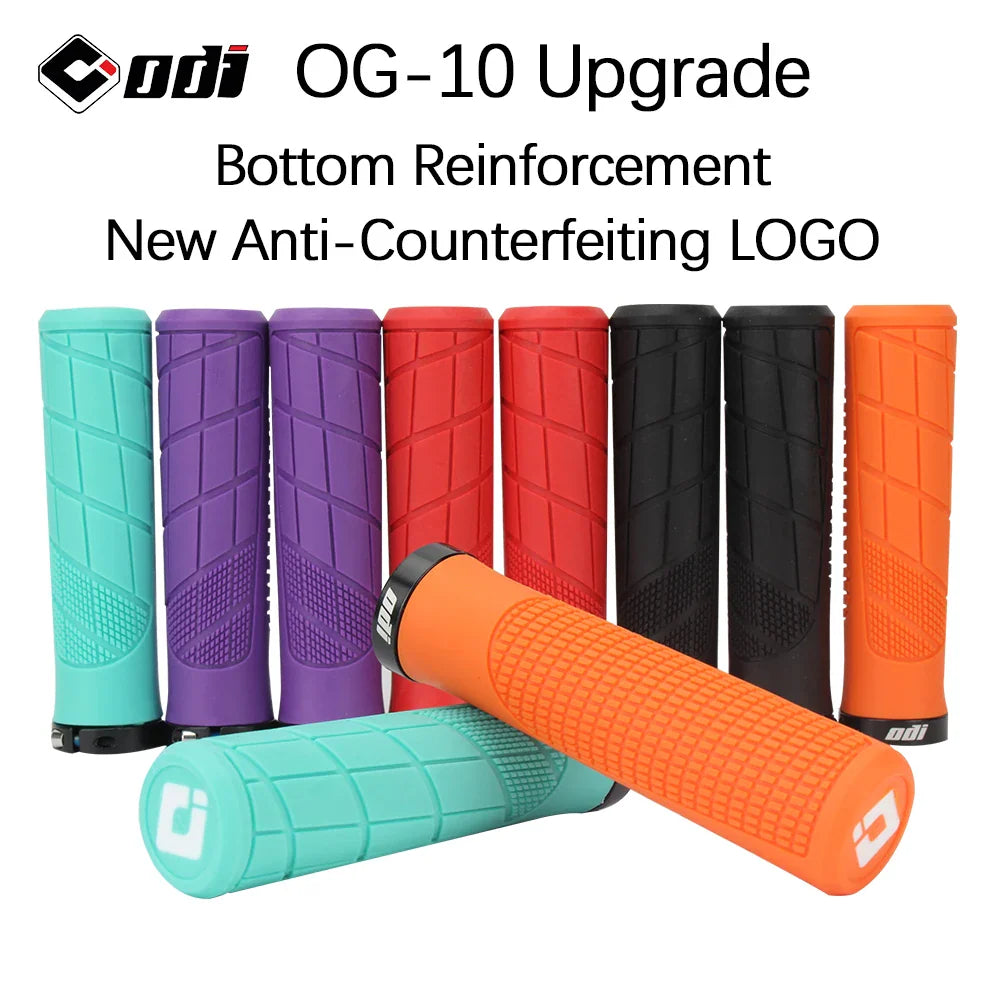 A group of rubber mountain bike handlebar grips in multiple colours showing the textured design and locking rings