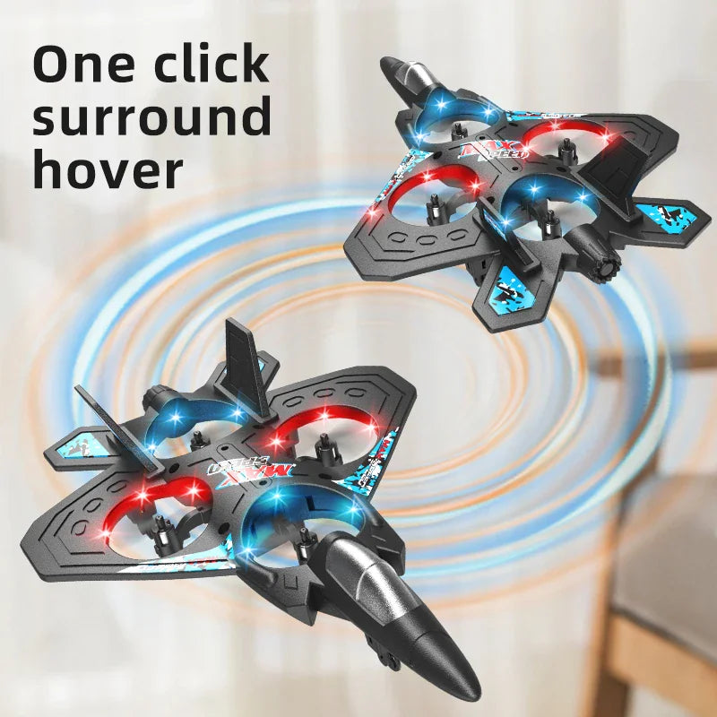 Two black RC jet quadcopters performing surround flight maneuver
