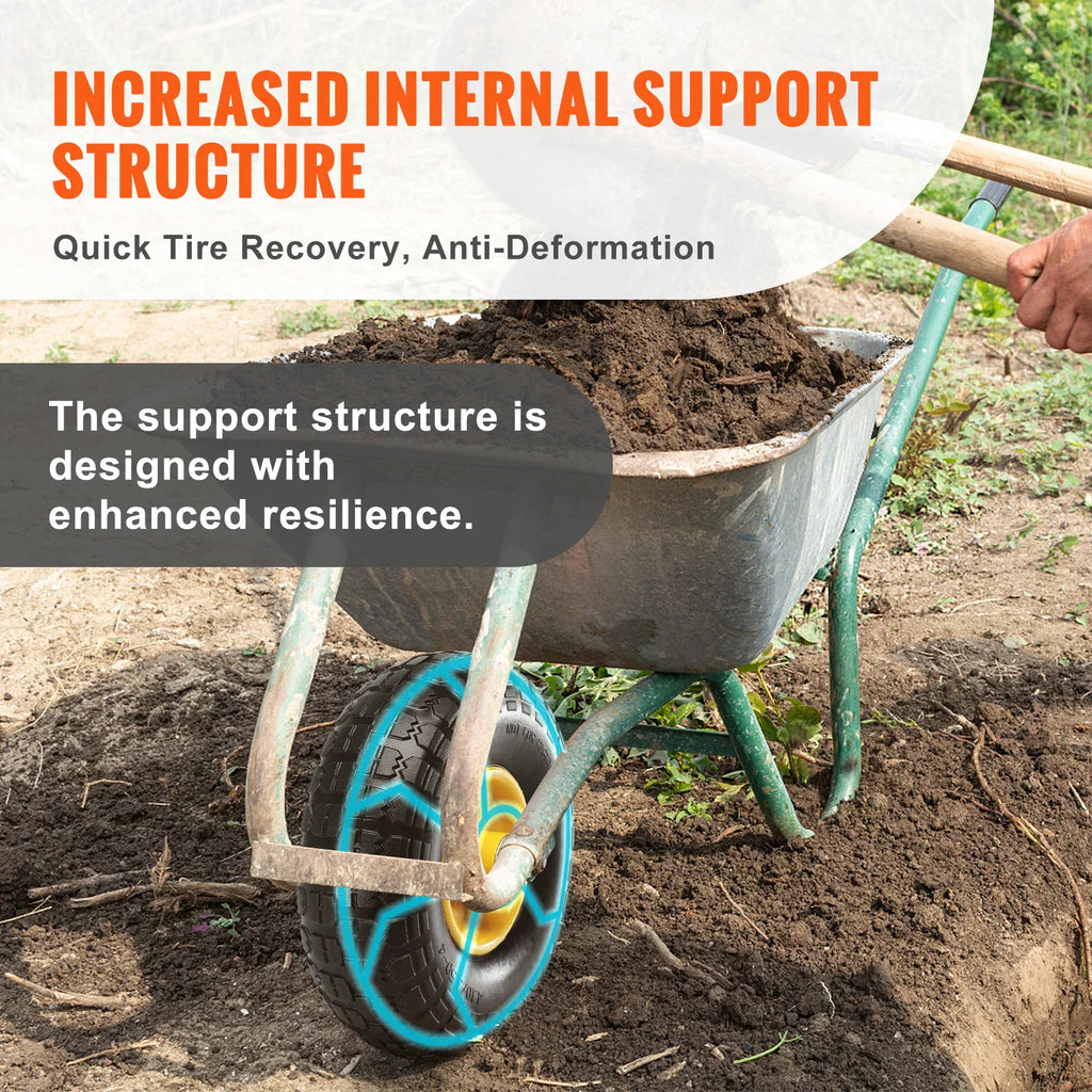A wheelbarrow being filled with soil, showing a highlight on the wheel's internal support structure
