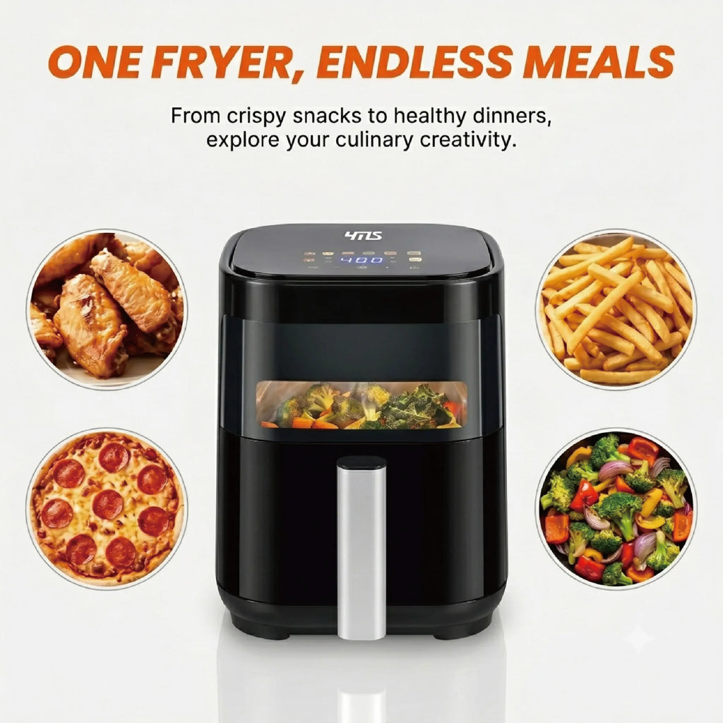 Black digital air fryer with various food options displayed in circular insets