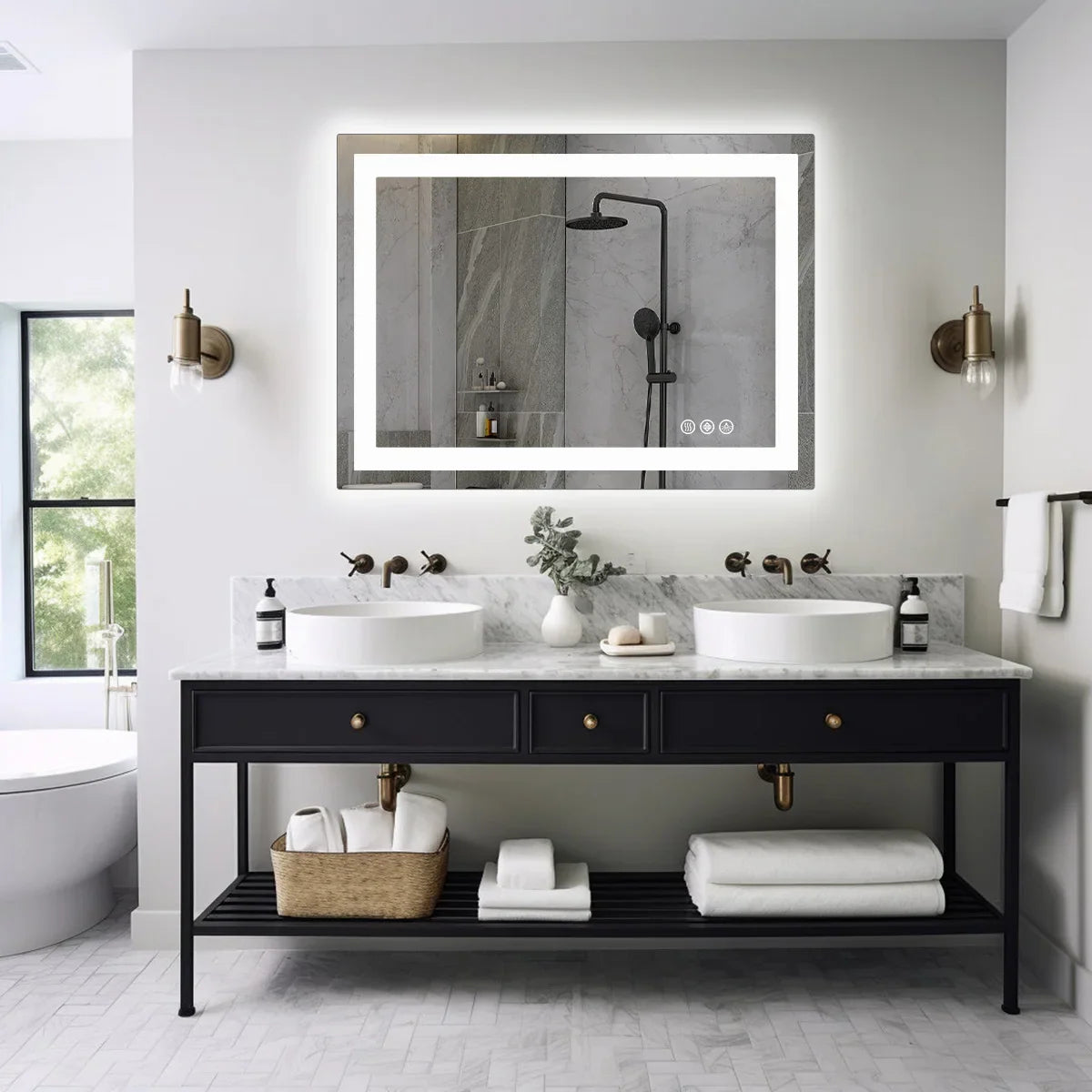 Modern rectangular LED backlit bathroom vanity mirror above a dark base double sink vanity